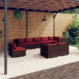 vidaXL Set Muebles De Jard&iacute;n 9 Piezas Y Cojines Rat&aacute;n Sint&eacute;tico Marr&oacute;n Vidaxl