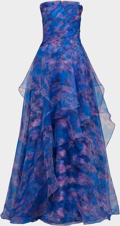 Theia Orelia Strapless Floral-Print Orgnaza Gown