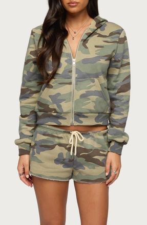 Edikted Camo Girl Front Zip Crop Hoodie in Olive at Nordstrom, Size X-Small