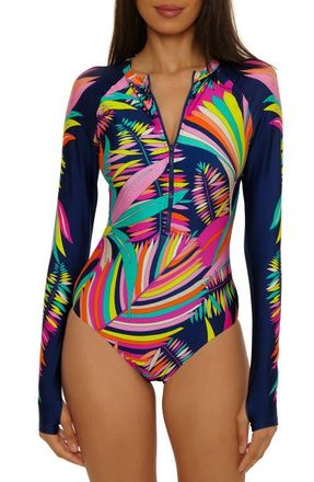 Trina Turk Paralia Long Sleeve UPF 50+ One-Piece Rashguard Swimsuit in Multi at Nordstrom, Size X-Small