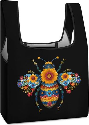 Generic Bee Flower Shopping Bag Reusable Grocery Tote Bag Foldable Handbag for Travel Picnic
