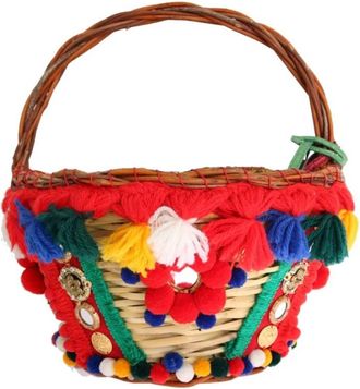 Dolce & Gabbana Exotische Beige Stro & Bont Pom Pom Tote - Dames - Handtassen - Veelkleurig - ONE Size - Wol - Tassen