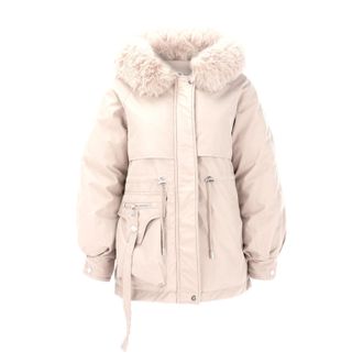 Generic Winter Jackets for Women Half Long Warm Winter Parka Winter Coat Cotton Parka Jacket with Faux Fur Lined and Fur Hood (Beige, M)