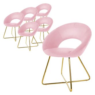 ML Design Ml-design - 6x Sillas De Comedor Rosa Ergon&oacute;micas Asiento Tapizado Aspecto Terciopelo Patas De Metal Doradas Con Respaldo Redondo Y Reposabrazos Sill&oacute;