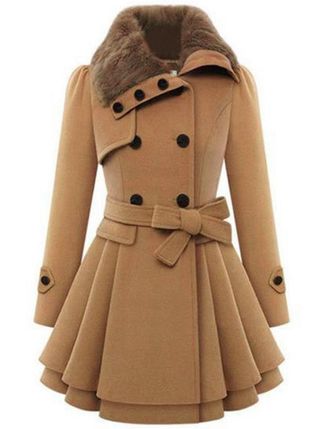 Zeagoo Womens Fashion Faux Fur Lapel Double-Breasted Thick Wool Trench Coat Winter Warm Jacket S-2XL, Camel, XXL