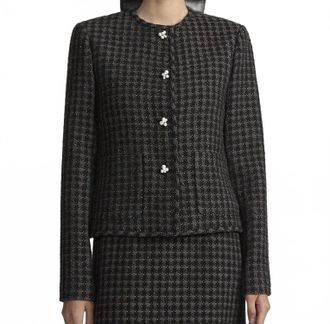 Lafayette 148 New York Houndstooth Wool Tweed Collarless Jacket In Gray/black