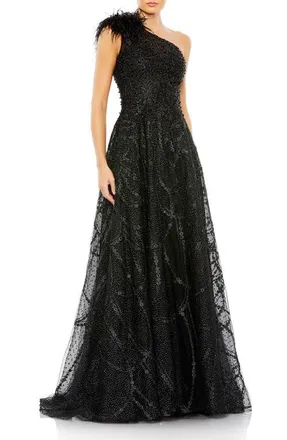 Mac Duggal Embellished One-Shoulder A-Line Gown with Feather Accent in Black at Nordstrom, Size 2
