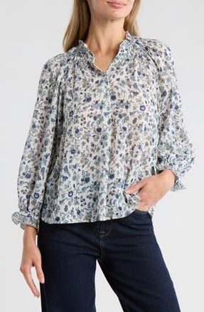 Max Studio Ruffle Collar Puff Shoulder Top in Ecru/Blue Azalea Chintz at Nordstrom Rack, Size X-Small