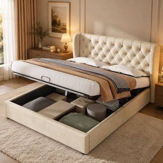 Merax Velvet 4ft6 Double Ottoman Storage Bed Frame in Beige