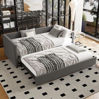Matteo Upholstered bed, 3FT single bed bottom with bed 90x190cm, can be joined into a double bed, daybed sofa bed in Grey | Size: Single Fitted