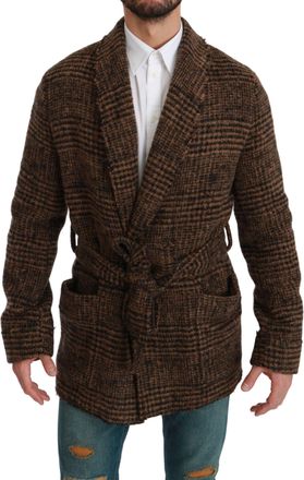 Dolce & Gabbana Brown Checkered Wool Robe Coat Wrap Mens Jacket