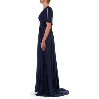 La Femme Flattering Net Jersey Long Dress with Ruffle Sleeve in Navy at Nordstrom, Size 10