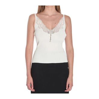 Self Portrait Canottiera a coste con bordi in pizzo - - Tops - Donna - Bianco - M