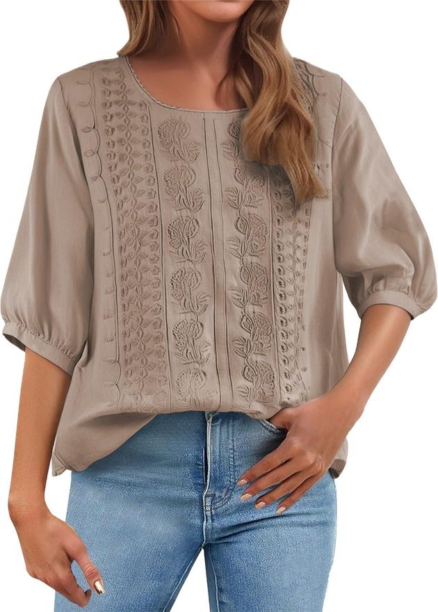 Womens Bubble Hem Tops 3/4 Sleeve Tops for Women UK Cotton Linen Ladies Tunic Top Womens Embroidery Floral Boho Summer Blouses Elegant Chiffon Blouse 