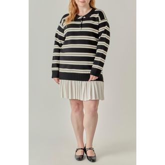 English Factory Long Sleeve Mixed Media Polo Minidress in Black/cream at Nordstrom, Size 1X