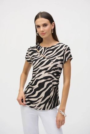 Joseph Ribkoff Animal Print Keyhole Short Sleeve Top In Beige/black