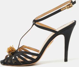Charlotte Olympia Black Satin Flower Detail Ankle Strap Sandals