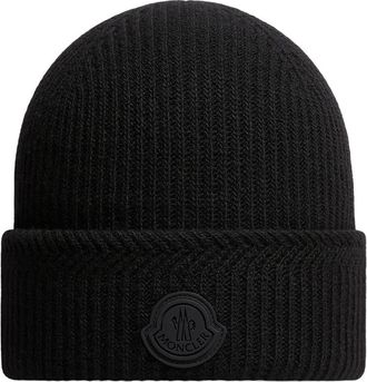 Moncler Moncler Cashmere Blend Logo Beanie, Men, Black, Size: One Size