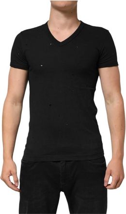 Dolce & Gabbana Zwarte Katoenen Tattered Logo V-hals Heren T-shirt - Heren - T-shirts - Zwart - XS - Katoen - Tops