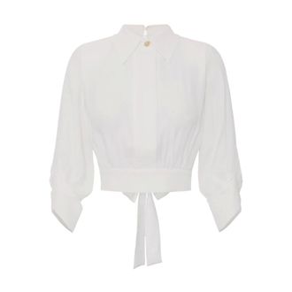 Elisabetta Franchi Shirts, female, Beige, Size: XL Georgette Open-back Collared Blouse