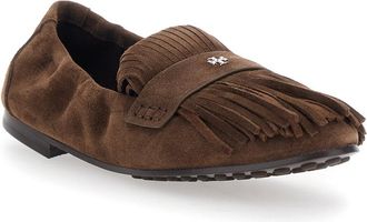 Tory Burch Womens Brown Suede Loafers With Fringe And Metallic Logo Calf