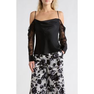 L'agence Zion Cold Shoulder Lace Panel Silk Top in Black at Nordstrom Rack, Size Xx-Small