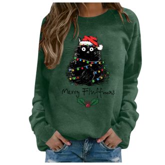 Generic Christmas Jumpers for Women Christmas Cat Sweatshirts Black Cat Xmas Lights Shirt Crewneck Holiday Pullover Sweater Long Sleeve Pullover Blouse Crew N