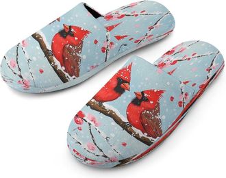 Generic Winter Cardinal Bird on Cherries Tree Mens Cozy Memory Foam Slippers Warm Cotton House Shoes Comfy Slipper for Indoor Outdoor