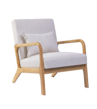 Home Heavenly Butaca de madera y tela con coj&iacute;n lumbar color crudo 78 x 65 x 75 cm