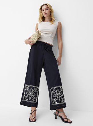 Icone Womens Touch of linen embroidered openwork wide-leg pant