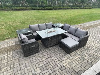 Fimous Rattan Outdoor Furniture Gas Fire Pit Rectangle Dining Table Gas Heater Reclining Chair Sets with Big Footstool 2 Side Tables in Dark Grey