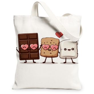Generic Cute SMores Canvas Tote Bags, Funny Dessert Characters Pattern Reusable Grocery Bags, Summer Playful Lightweight Washable, White, 13x15 Inch