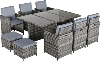 OUTSUNNY 11 Pieces Rattan Dining Set Cushion Footrest Garden Wicker withParasol Hole