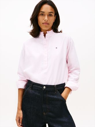Tommy Hilfiger Langarmbluse TOMMY HILFIGER OXFORD RUFFLE NECK SHIRT, Damen, Gr. 40, classic ithaca stp mid pink, Web, Obermaterial: 100% Baumwolle, gestreift, normal