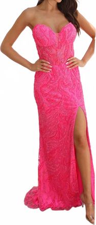 Primavera Strapless Beaded Sequin Prom Dress In Neon Pink