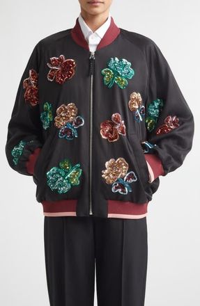 Marni Sequin Flowers Satin Bomber Jacket in 00N99 Black at Nordstrom, Size 6 Us