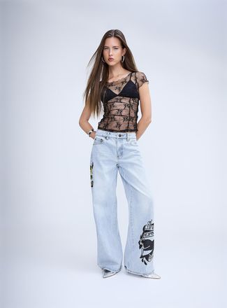 Ed Hardy Womens Embroidered wide-leg jean