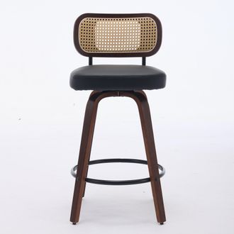 STILVORA Lote De 3 Taburetes De Bar Giratorios Con Respaldo De Rejilla Y Asiento Tapizado, Madera, Rat&aacute;n Y Polipiel, Negro