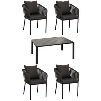 Hhg Nunca Usado] Set De Jard&iacute;n Hhg 616, Mesa+4xsillas, Aluminio Resistente A La Intemperie 140x80cm, Mimbre De Cuerda Rope, Antracita, Cojines Gris Oscuro