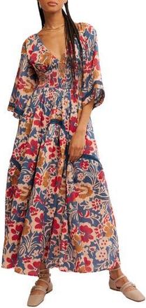 Free People Printed Smocked Waist Maxi Dress in Vintage Indigo Combo at Nordstrom Rack, Size X-Small