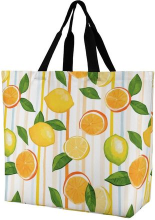 Generic Lemons Stripes Background Reusable Shopping Bags Large Capacity Grocery Bag Heavy Duty Tote for Women 40x40x16cm
