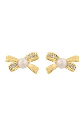 Effy 14K Yellow Gold Diamond Fresh Water Pearl Bow Earrings in 14K Gold at Nordstrom