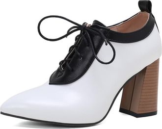 Generic Women Pointed Toe Pumps Mixed Fabric Lace Up Design Contrast Color Vamp Back Tab Chunky Block Heel Non Slip Durable Comfortable Office Party Shoes,Whi