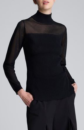 Kenneth Cole Long Sleeve Mock Neck Sheer Yoke Sweater Top in Black at Nordstrom, Size Medium