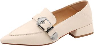 TinaCus Womens Pointed Toe Genuine Leather Handmade Decorated Buckle Low Chunky Heel Office Loafers Shoes, Beige, 6 UK