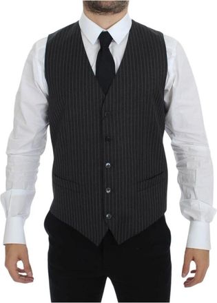Dolce & Gabbana Gestreept wollen vest met enkele rij knopen - Heren - Gillet - Zwart - M - Wol - Kostuums