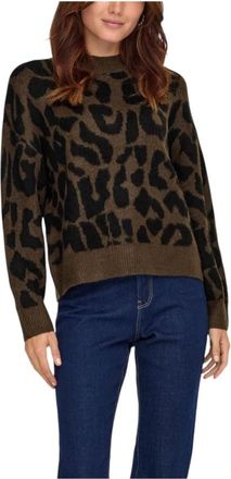 Jacqueline de Yong Leopard Print Truien met Lange Mouwen en Ronde Hals - Dames - Ronde hals truien - Bruin - L - Nylon - Truien & Vesten