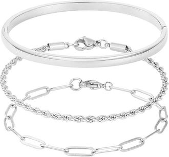 Adornia Adornia Silver Plated Stainless Steel Cuff & Chain Bracelet Set