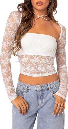 Edikted Addison Sheer Long Sleeve Lace Top in White at Nordstrom, Size X-Small