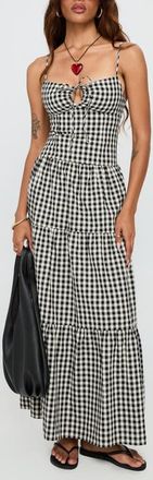 Princess Polly Avaleine Tiered Cotton Gingham Maxi Dress in Black /White Check at Nordstrom, Size 10